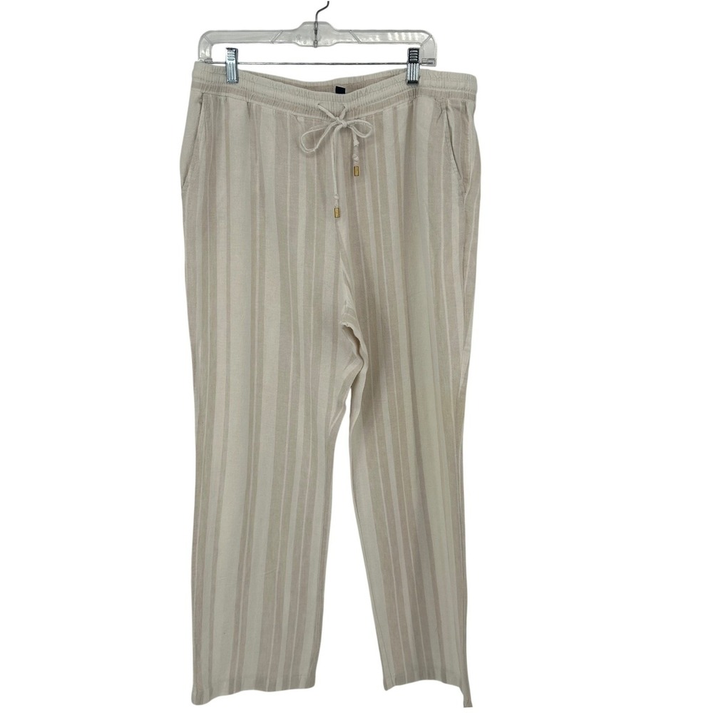 Ellen Tracy Womens Beige Striped Linen Blend Drawstring Pull On Pants Size L